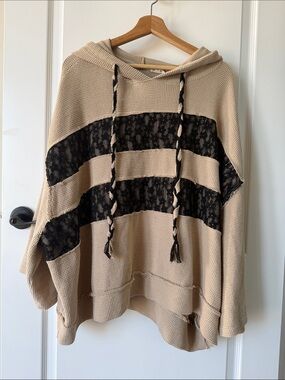 POL Beige and Black Hooded Sweatshirt with Lace Stripes